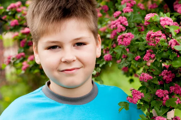 Um menino perto de uma árvore florida — Fotografia de Stock