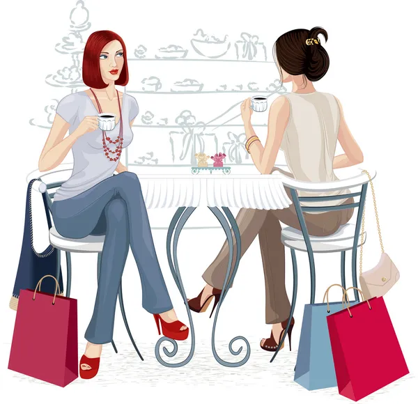 Two girls at a cafe — Stock Vector