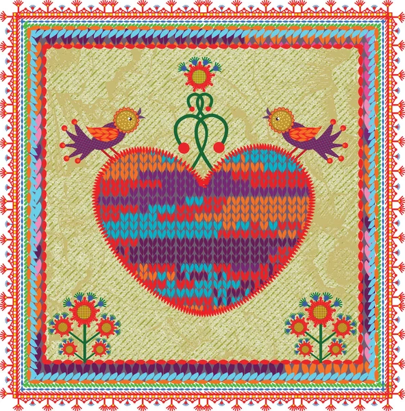 Knitted Heart . Vector illustration in folk style — Stock Vector