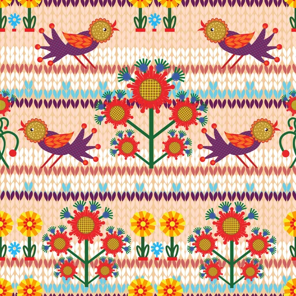 Tricoté sans couture avec oiseaux et éléments floraux . — Image vectorielle