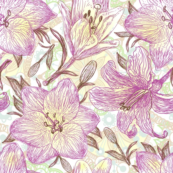 Schönes handgezeichnetes Muster mit Lilien — Stockvektor