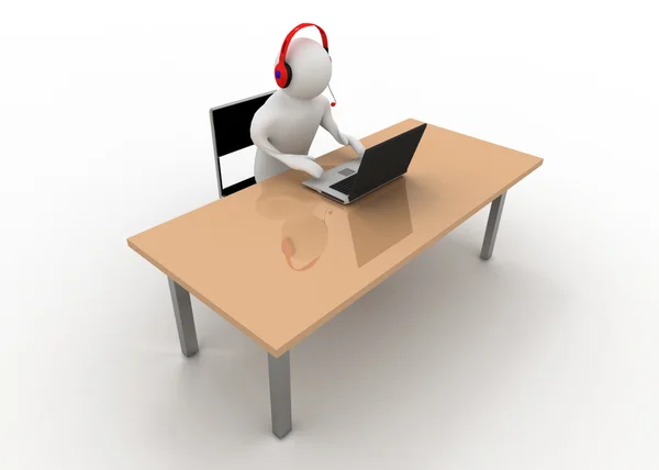 3d man with table and notebook connceted to internet — Stock Photo, Image