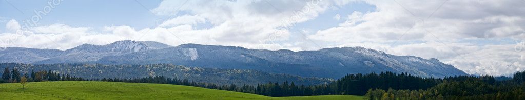 Green field and panorama of Bavarian Alps