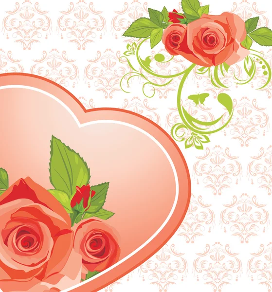 Coração com rosas no fundo ornamental — Vetor de Stock