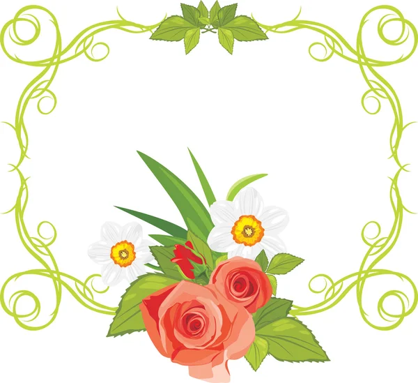 Marco ornamental con rosas y narcisos — Vector de stock