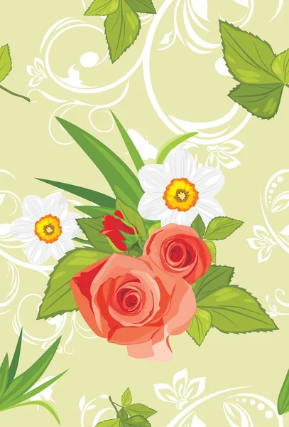 Ornamental background with roses and daffodils — Stock Vector
