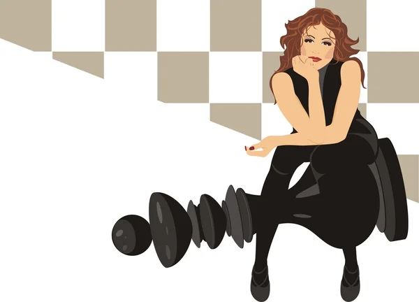 Mulher bonita sentada no xadrez rei preto — Vetor de Stock