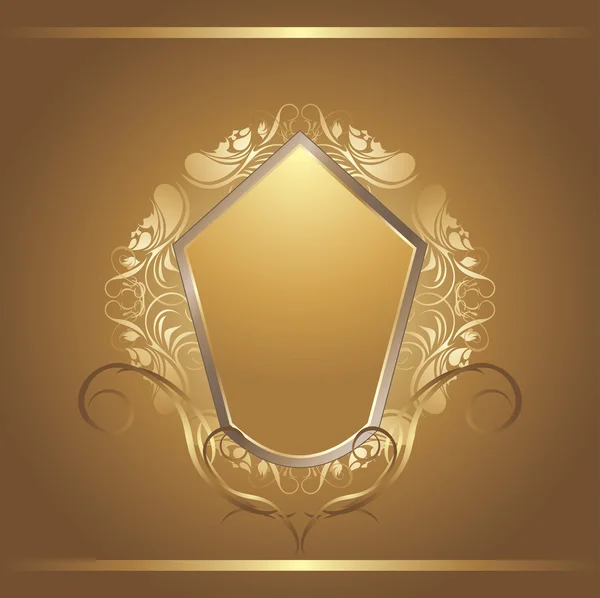 Shining golden shield in vintage frame — Stock Vector