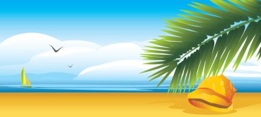 Shell and palm branch on the background of landscape clipart