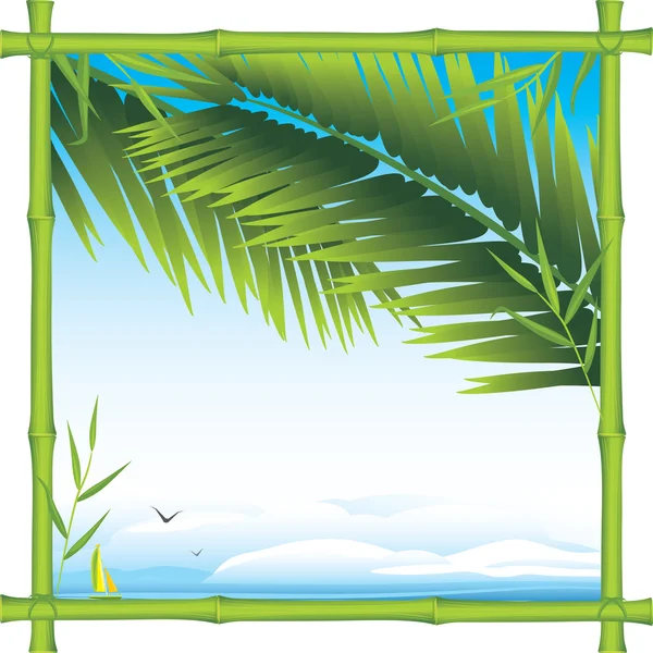 Telaio in bambù con rami di palma e paesaggio — Vettoriale Stock