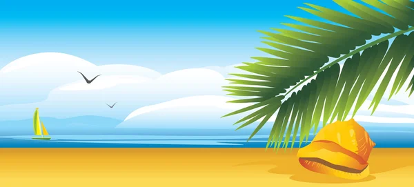 Shell e ramo di palma sullo sfondo del paesaggio — Vettoriale Stock