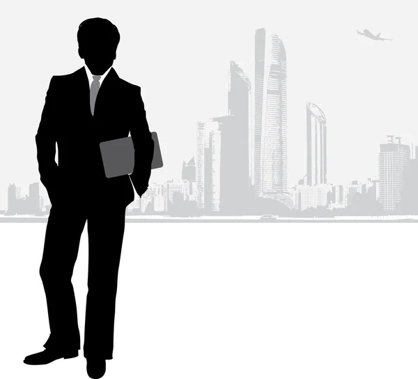 Silhouette d'un homme d'affaires sur fond de paysage urbain — Image vectorielle