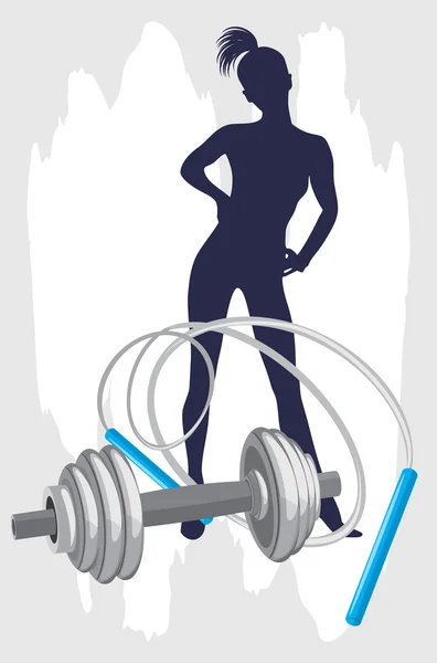 Female silhouette and dumbbell with jumping rope — Stock Vector
