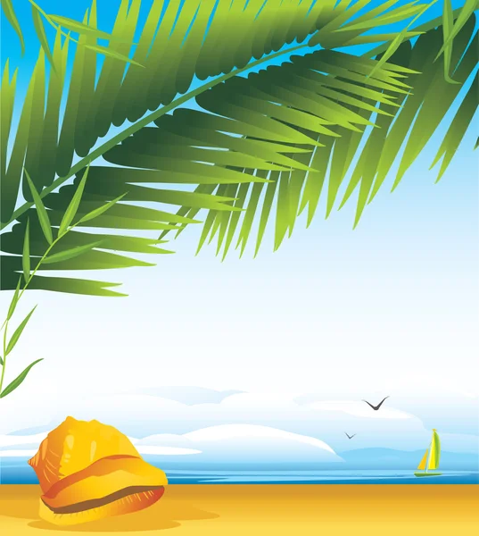 Cockleshell sotto rami di palma sullo sfondo del paesaggio — Vettoriale Stock