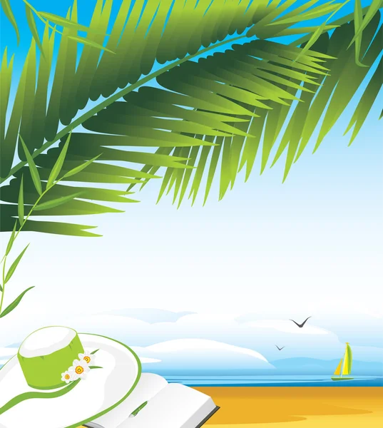 Дневник и женская шляпа под пальмовыми ветвями на фоне пейзажа — стоковый вектор