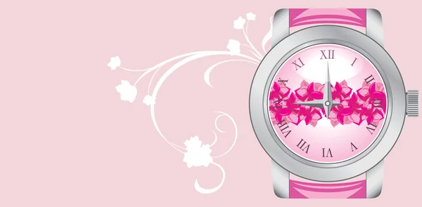 분홍색 배경에 여성 시계입니다. 배너 — 스톡 벡터