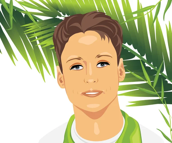 Porträt eines jungen Mannes zwischen Palmenzweigen — Stockvektor