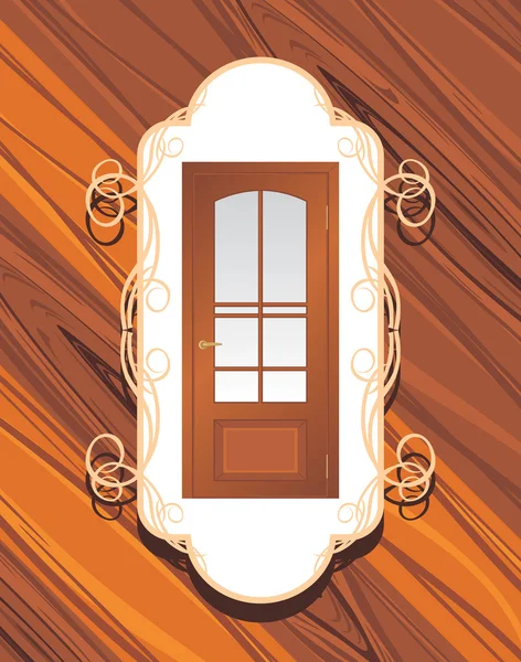 Виготовлення дверей. Декоративна етикетка на дерев'яному фоні — стоковий вектор