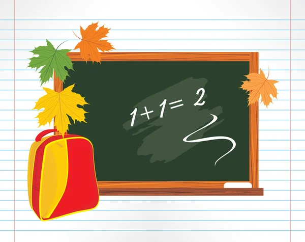 Pizarra y mochila escolar con hojas de arce — Vector de stock