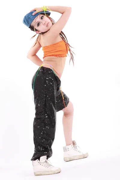 Roztomilá dívka v různých tanečních kostýmů a zábava představuje. — Stock fotografie