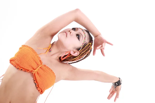 다양 한 댄스 의상과 재미 있는 포즈에 귀여운 여자. — 스톡 사진