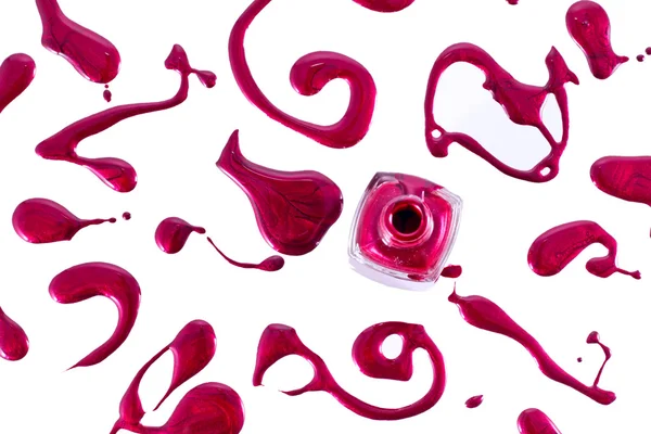 Κόκκινο βερνίκι νυχιών μπουκάλι με splatters που απομονώνονται σε λευκό φόντο — Φωτογραφία Αρχείου