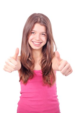 Teen beauty caucasian girl showing her thumbs up. Isolated on white. clipart