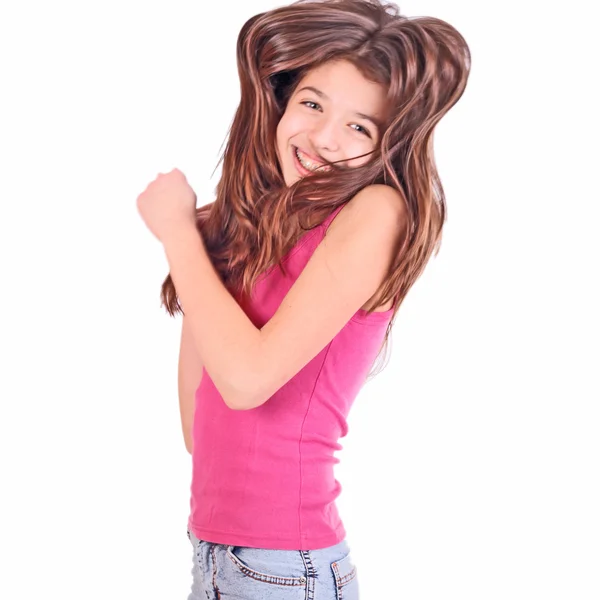 Menina adolescente bonita com suportes em dentes em branco — Fotografia de Stock