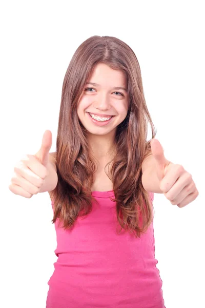 Stock image Teen beauty caucasian girl showing her thumbs up. Isolated on white.