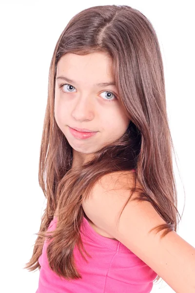 Piękne młody nastolatek dziewczyna z wsporniki na zęby w biały — Zdjęcie stockowe