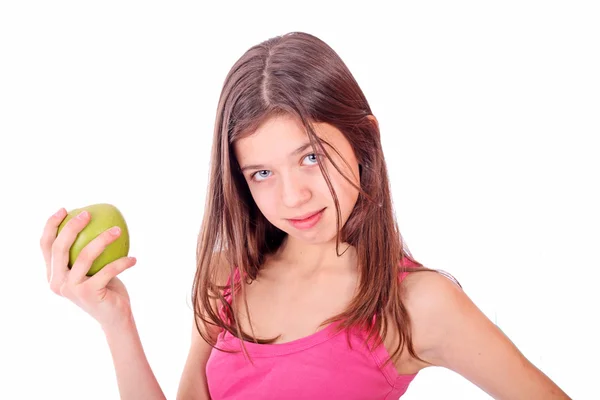 stock image Happy smiling young woman rith green fresh apple