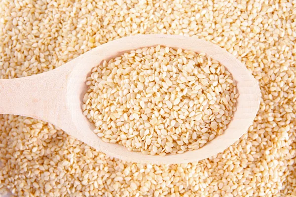 Sesame seeds with wooden spoon — Stock Photo, Image