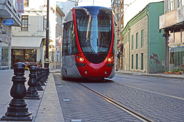 Modern tram on the ancient streets of Istanbul, Turkey