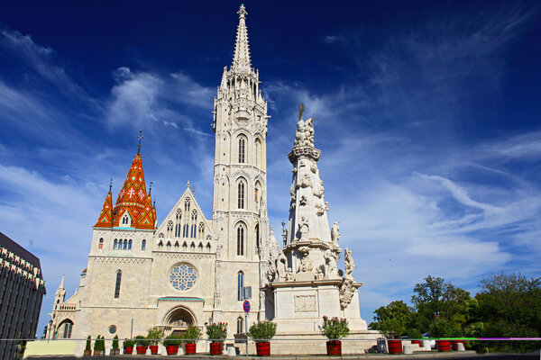 St. Stephen Monument Looking at Matthias Church at Buda Castle in Budapest, Hungary