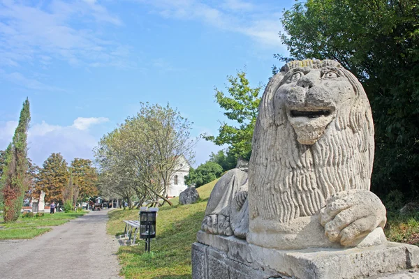 Каменная потрескавшаяся фигура льва у входа в замок Олеско (Украина, Львовская область, построенный до 1390 года) ) — стоковое фото