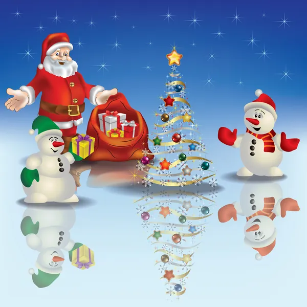 Saludo de Navidad abstracto con Papá Noel y muñecos de nieve — Vector de stock
