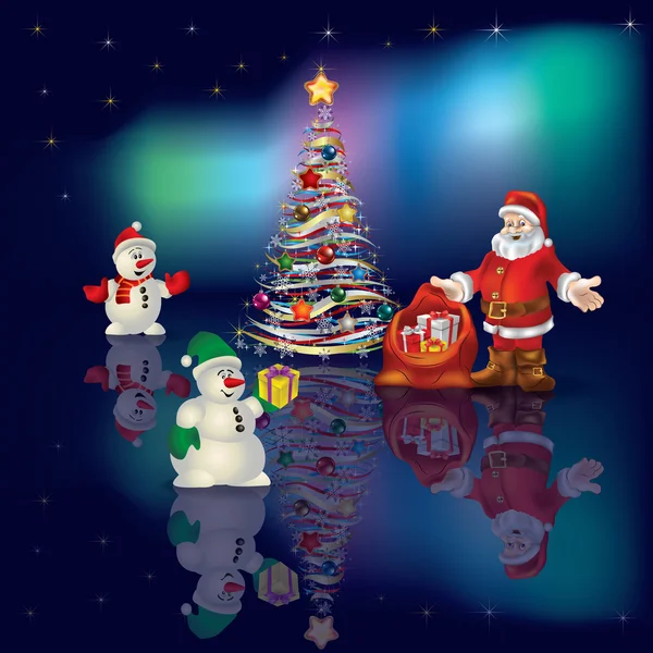 向圣诞老人和雪人致以圣诞的蓝色问候 — 图库矢量图片