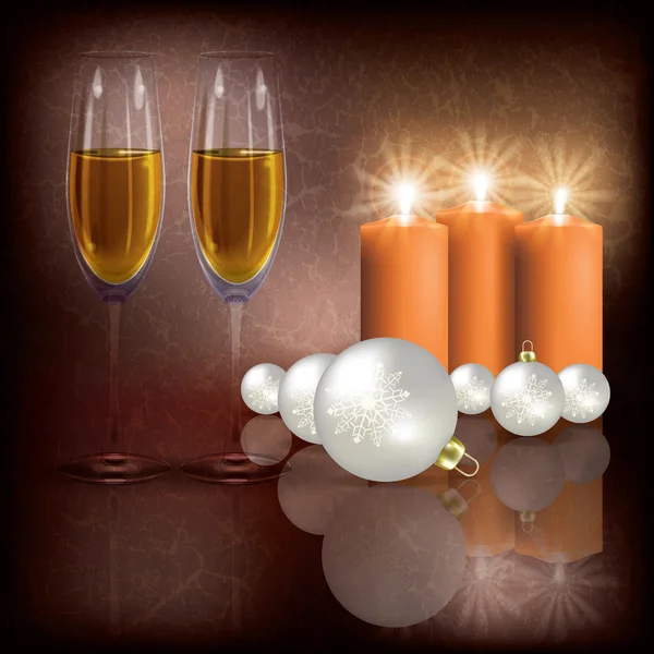 Christmas greeting with champagne and candles — Stock Vector