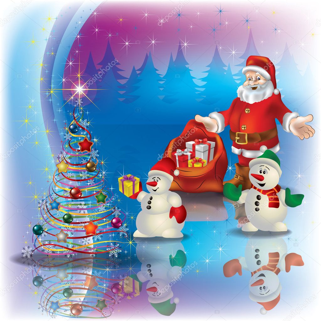 greeting with Santa Claus and Christmas tree