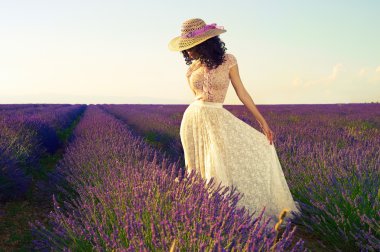 Romantic woman in fairy lavender fields clipart