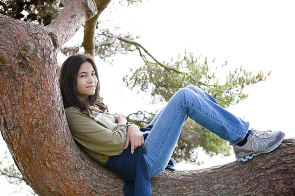 Молодая девушка-подросток отдыхает на ветке дерева — стоковое фото