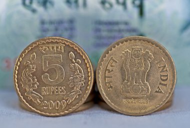 Close up of Indian Coin 5 rupees isolated copy space clipart