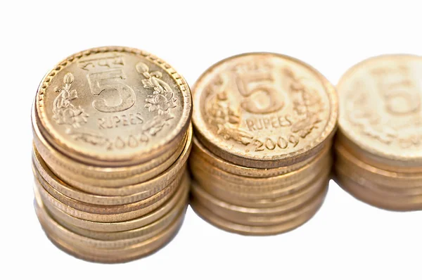 Close up of Indian Coin stack 5 rupees isolated copy space — Stock Photo, Image