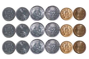 3 rows Indian currency Coins isolated on white copy space clipart