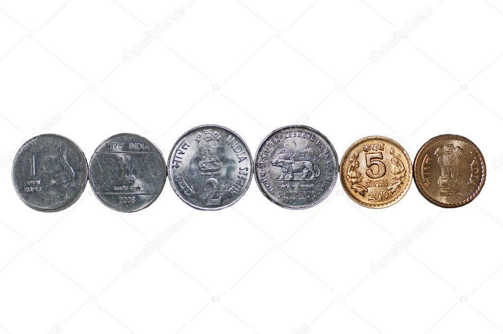 Closeup Indian currency Coins row isolated on white copy space