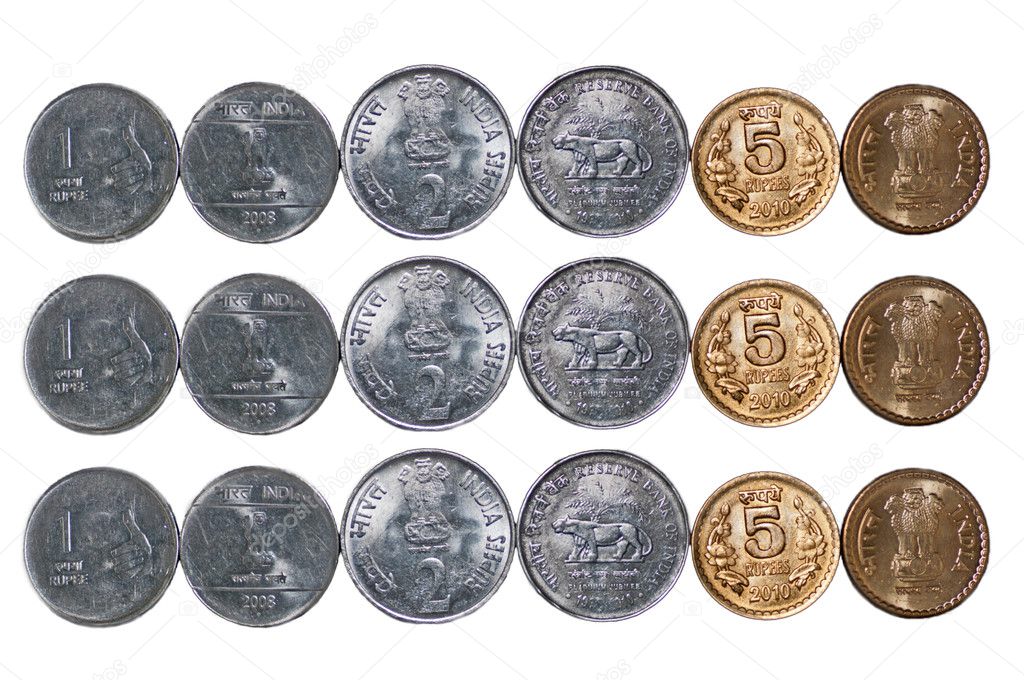 3 rows Indian currency Coins isolated on white copy space Stock