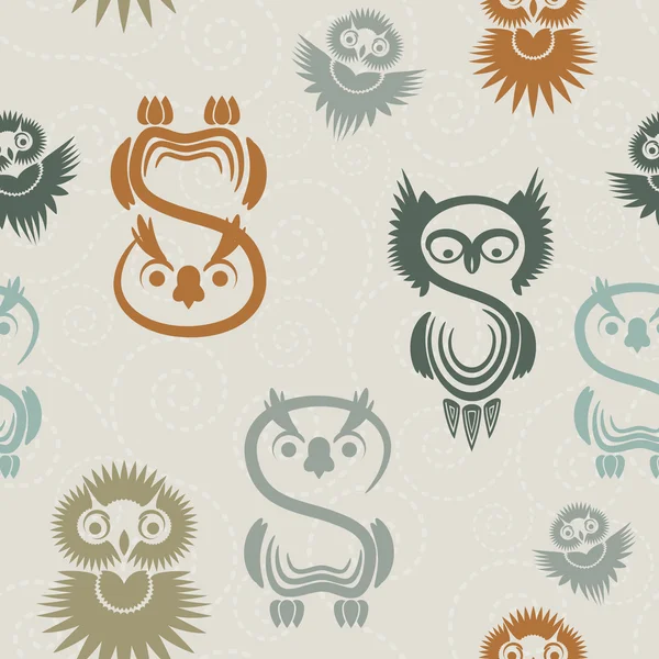 Seamless pattern with various owls on a neutral background. — Stock Vector