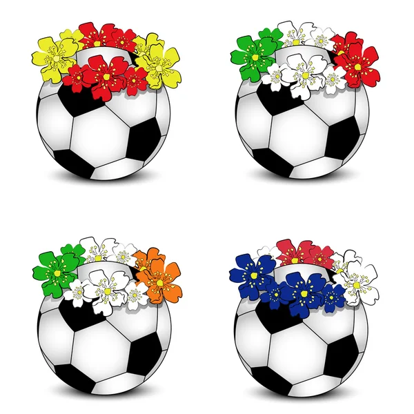Pelotas de fútbol con banderas nacionales florales — Vector de stock