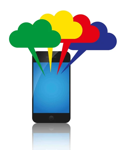 Concetto di cloud computing. Nuvole colorate e telefono cellulare — Vettoriale Stock