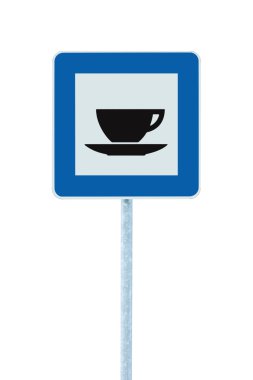 Restoran yol işaret yazı pole, trafik mesaj, mavi isolat
